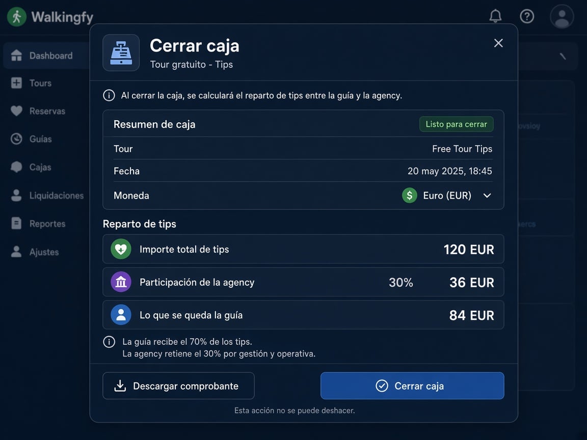 Modal de cierre de caja con reparto de propinas
