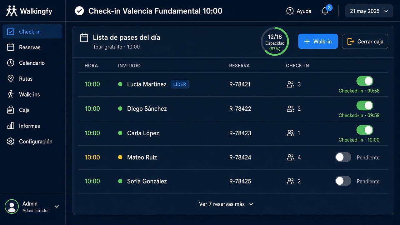 Pantalla de check-in Walkingfy con turnos y aforo